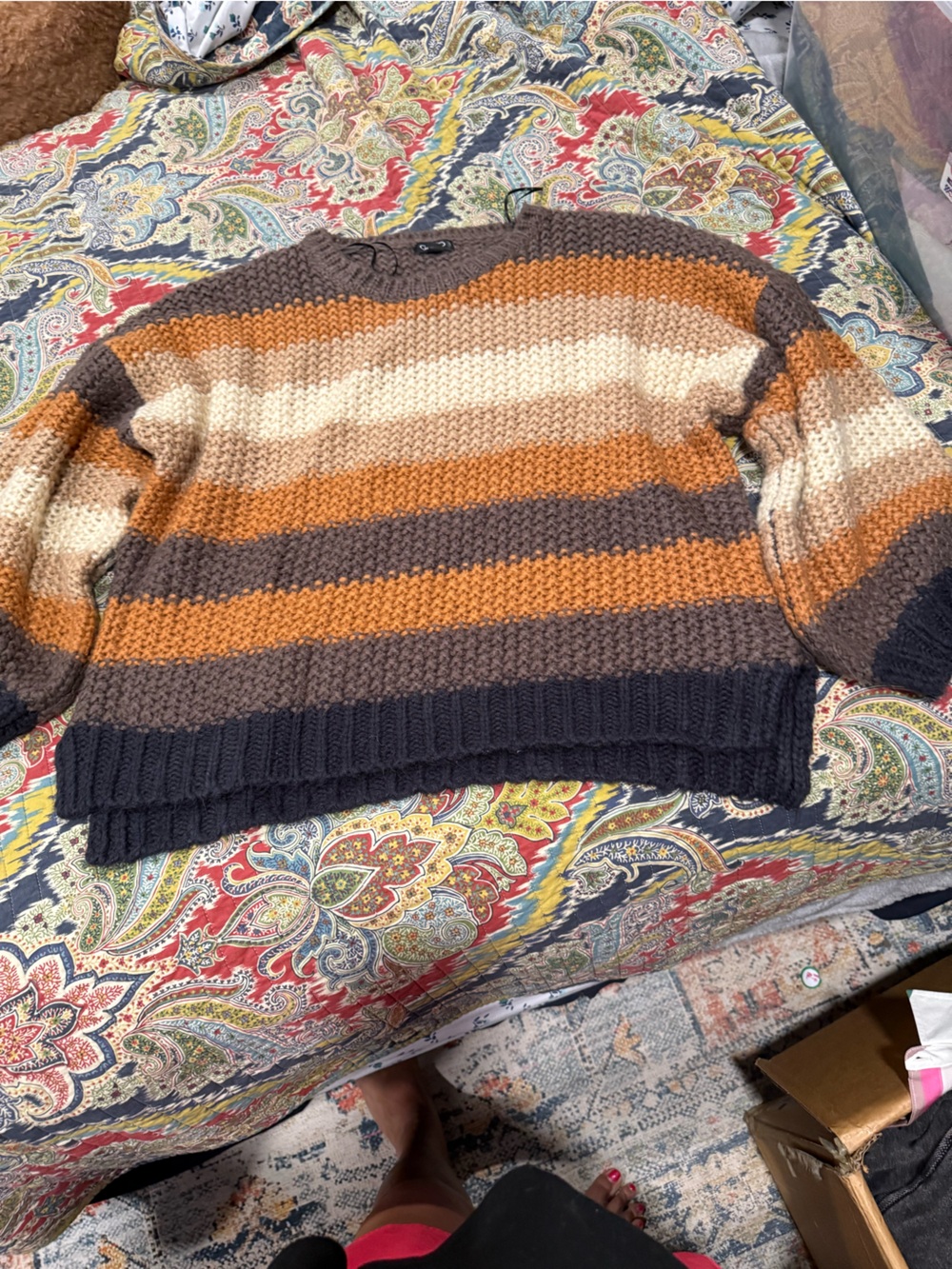 Striped Chunky Knit Crewneck Sweater - Brown/Orange/Cream